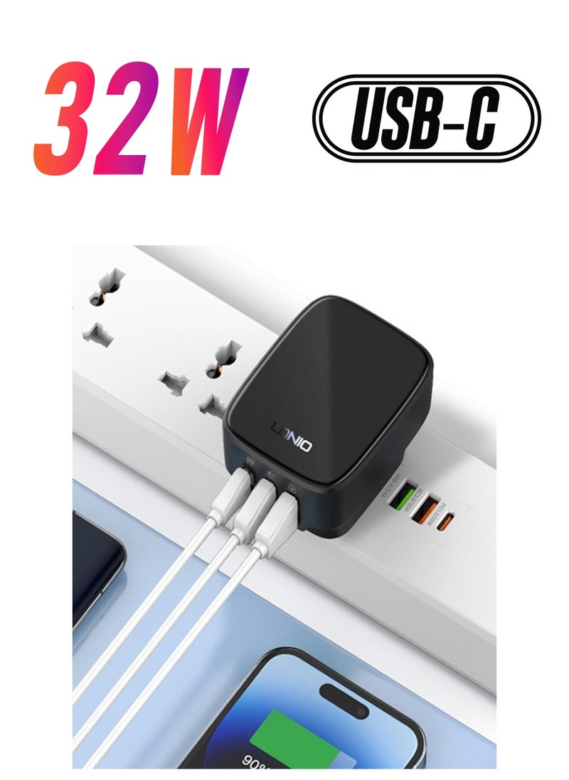 LDNIO USB C Charger Plug, 32W USB Charger 3-Port Multi USB Charger Fast Charging Type C PD Power Adapter for Samsung S21, S23, S22 Ultra, S10, A13, iPhone 15/14/13/12/11 Pro Max/ XR Black  - Image 1