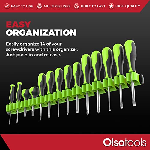 Olsa Tools Premium Wall-Mount Screwdriver Organizer - Black Nylon with Neon Green Clips - Holds 14 Screwdrivers - Part: 1031 - Image 2