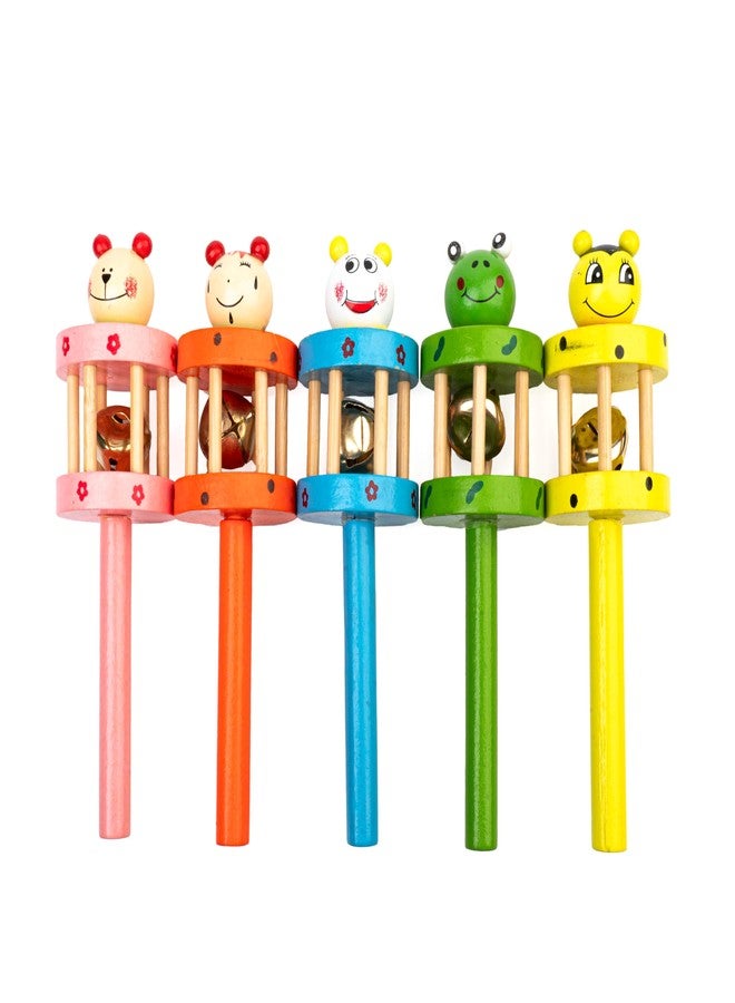 WoCra® Wooden Baby Rattle Toys - Pack of 5 | Non-Toxic Handmade Musical Toys for Newborns, Infants & Toddlers | Xylophone, Drum, Jingle, Cage & Animal Rattle (Random Colors) | Safe Wooden Sensory Toys for Babies - Image 4