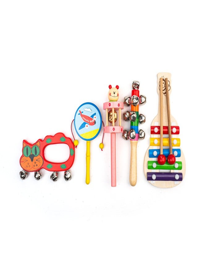 WoCra® Wooden Baby Rattle Toys - Pack of 5 | Non-Toxic Handmade Musical Toys for Newborns, Infants & Toddlers | Xylophone, Drum, Jingle, Cage & Animal Rattle (Random Colors) | Safe Wooden Sensory Toys for Babies - Image 1