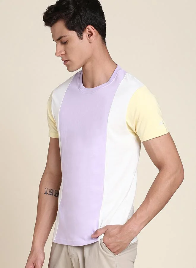 دينيس لينغو Lavender Colourblocked Polo Neck Regular Fit T-shirt for Men - 100% Cotton, Half Sleeves, Casual