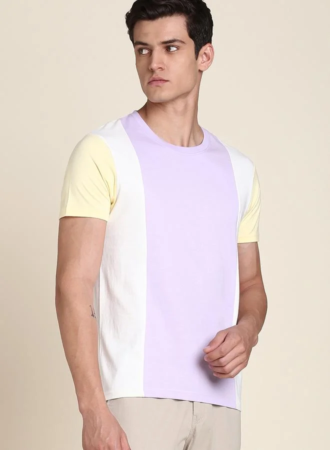 دينيس لينغو Lavender Colourblocked Polo Neck Regular Fit T-shirt for Men - 100% Cotton, Half Sleeves, Casual