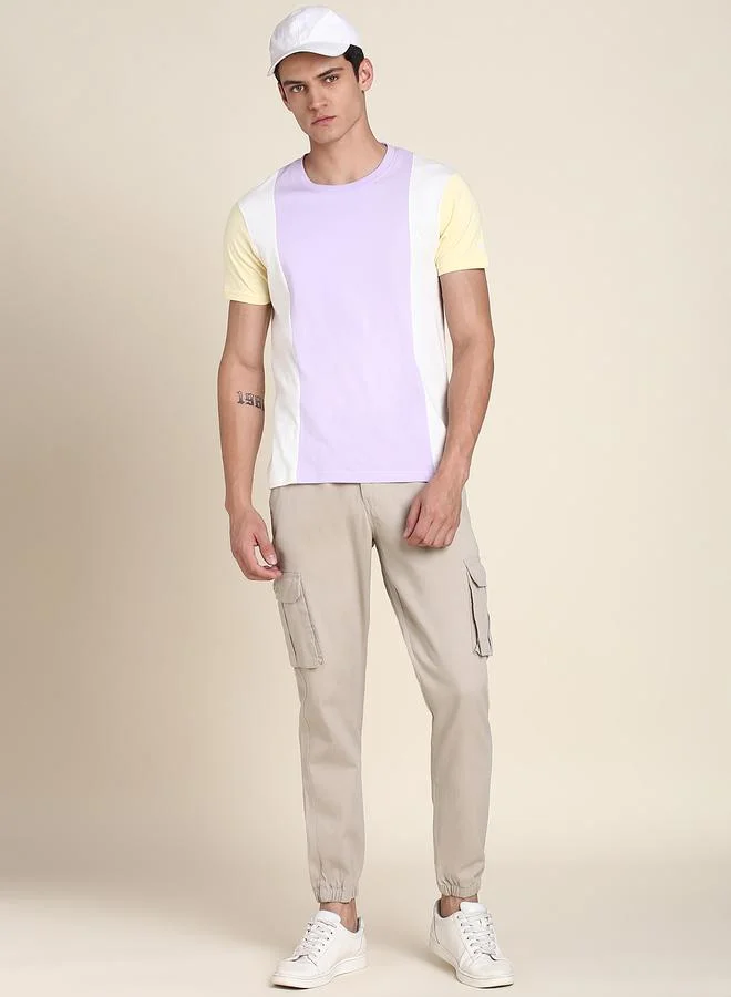 دينيس لينغو Lavender Colourblocked Polo Neck Regular Fit T-shirt for Men - 100% Cotton, Half Sleeves, Casual