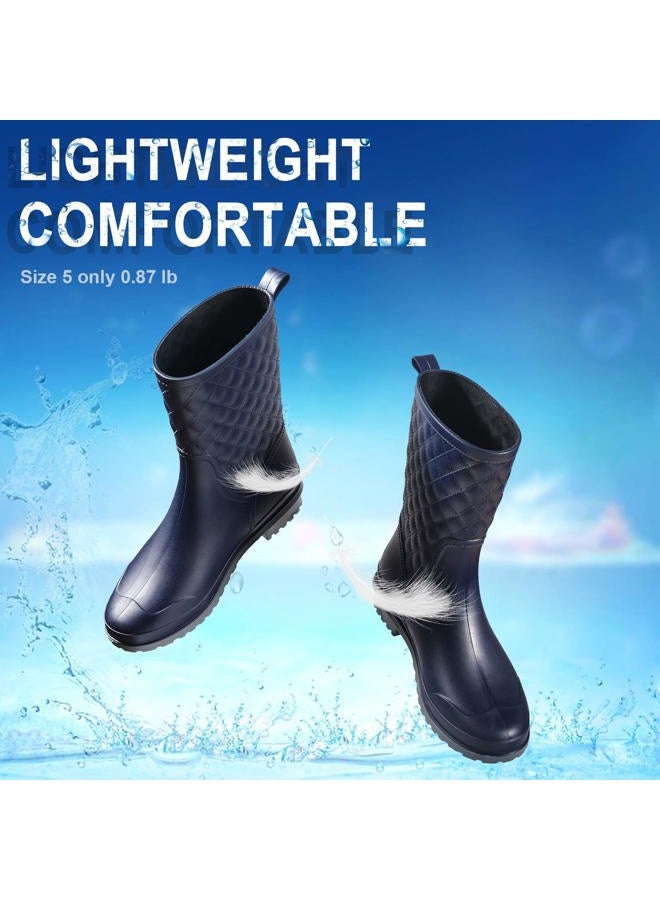 Petrass Women Rain Boots Black Waterproof Mid Calf Lightweight Cute Booties Fashion Out Work Comfortable Garden Shoes, Navy 6 - Image 5