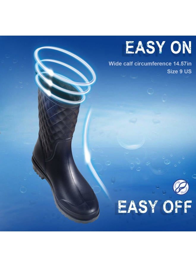 Petrass Women Rain Boots Black Waterproof Mid Calf Lightweight Cute Booties Fashion Out Work Comfortable Garden Shoes, Navy 6 - Image 4