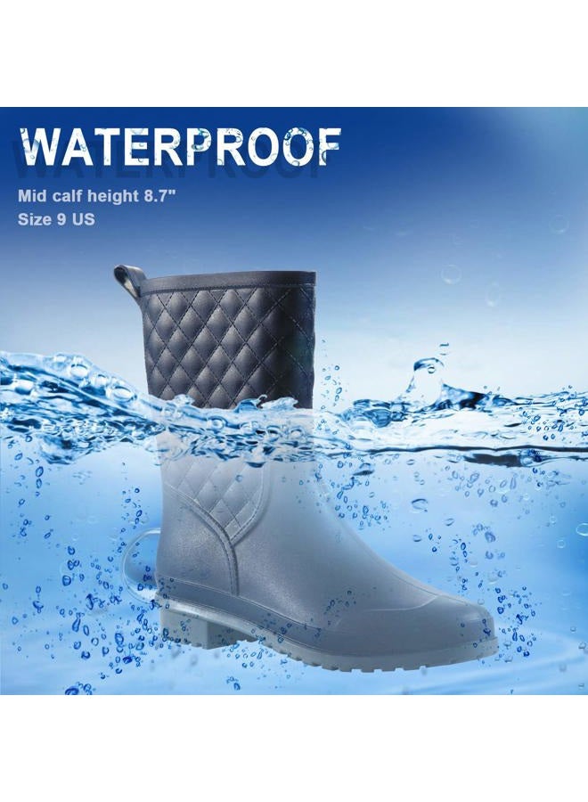 Petrass Women Rain Boots Black Waterproof Mid Calf Lightweight Cute Booties Fashion Out Work Comfortable Garden Shoes, Navy 6 - Image 3