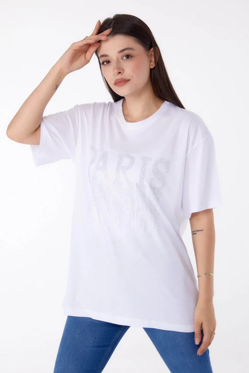 Tofisa Plain Crew Neck Women's White Stone T-Shirt - 25698