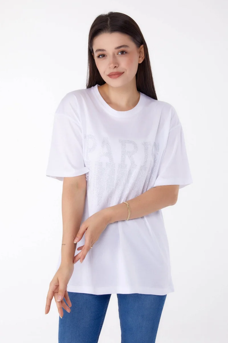 Tofisa Plain Crew Neck Women's White Stone T-Shirt - 25698