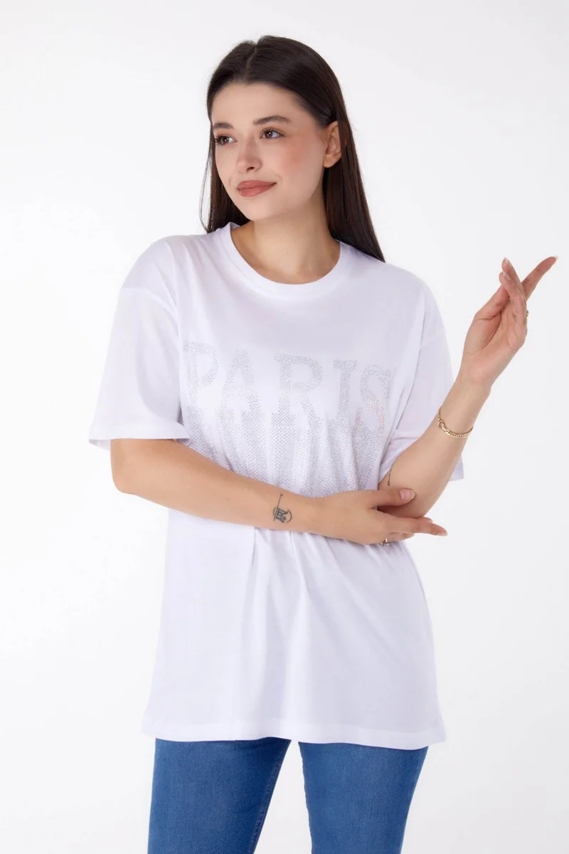 Tofisa Plain Crew Neck Women's White Stone T-Shirt - 25698