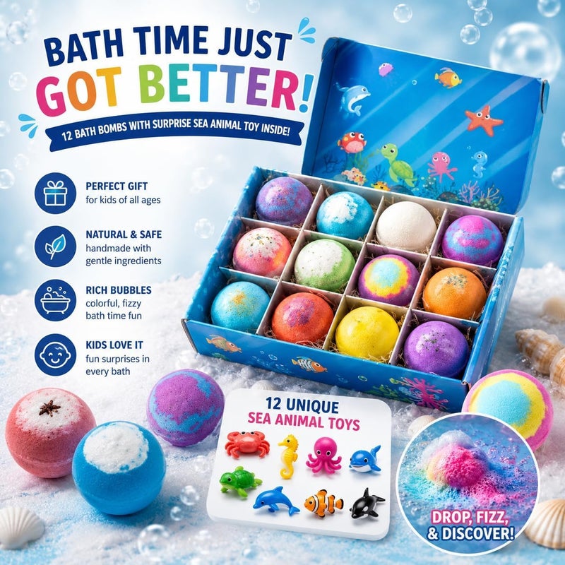 Bath Bombs for Kids with Surprise Toy Inside Each Ball, 12 Pcs Colorful Sea Creatures Bath Bombs for Kids, Fun Gift for Girls and Boys - Image 5