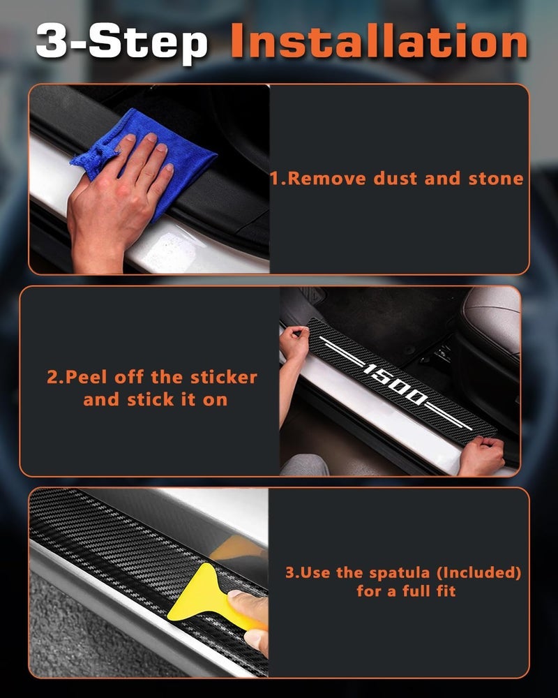 LINOAH Door Sill Protectors for RAM 1500, Carbon Fiber Leather Door Sill Sticker for Dodge RAM 1500, Interior Decoration, Pack of 4 - Image 2