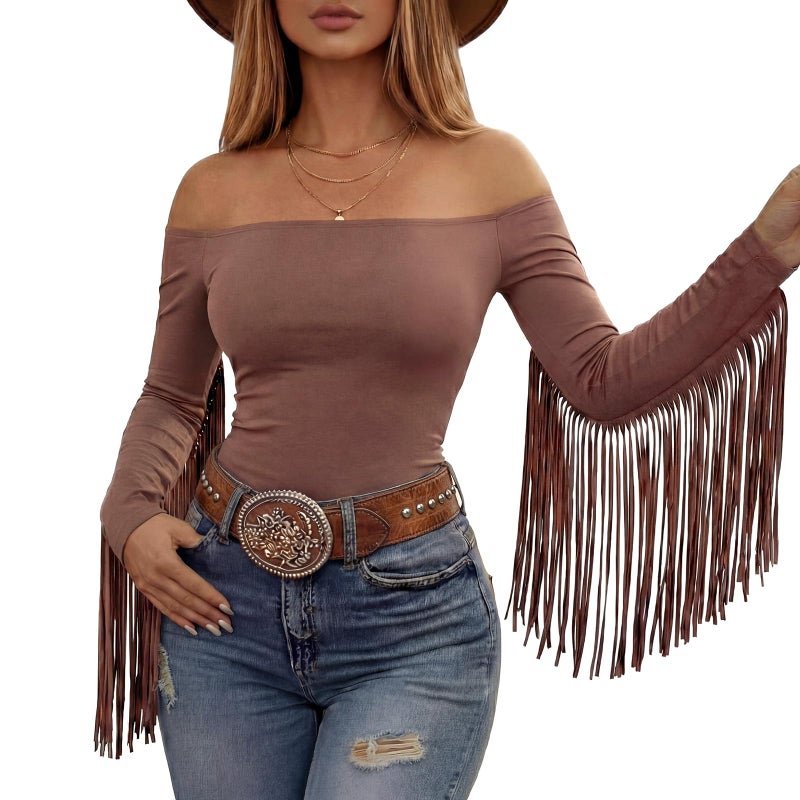 Funnysoft Women Fringe Top Western Off Shoulder Cowgirl Shirt Fitted Long Sleeve Tassels Top Country Concert Festival Outfit(Brown,M) - Image 1
