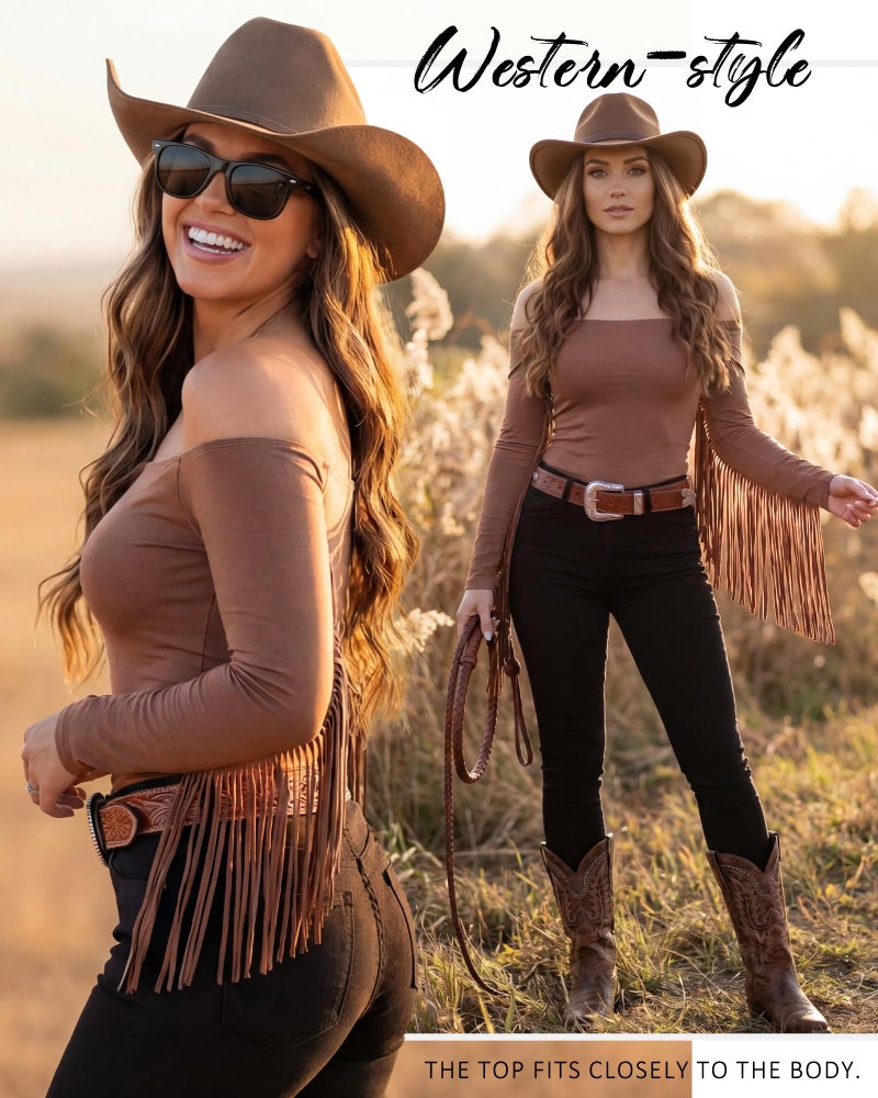 Funnysoft Women Fringe Top Western Off Shoulder Cowgirl Shirt Fitted Long Sleeve Tassels Top Country Concert Festival Outfit(Brown,M) - Image 2