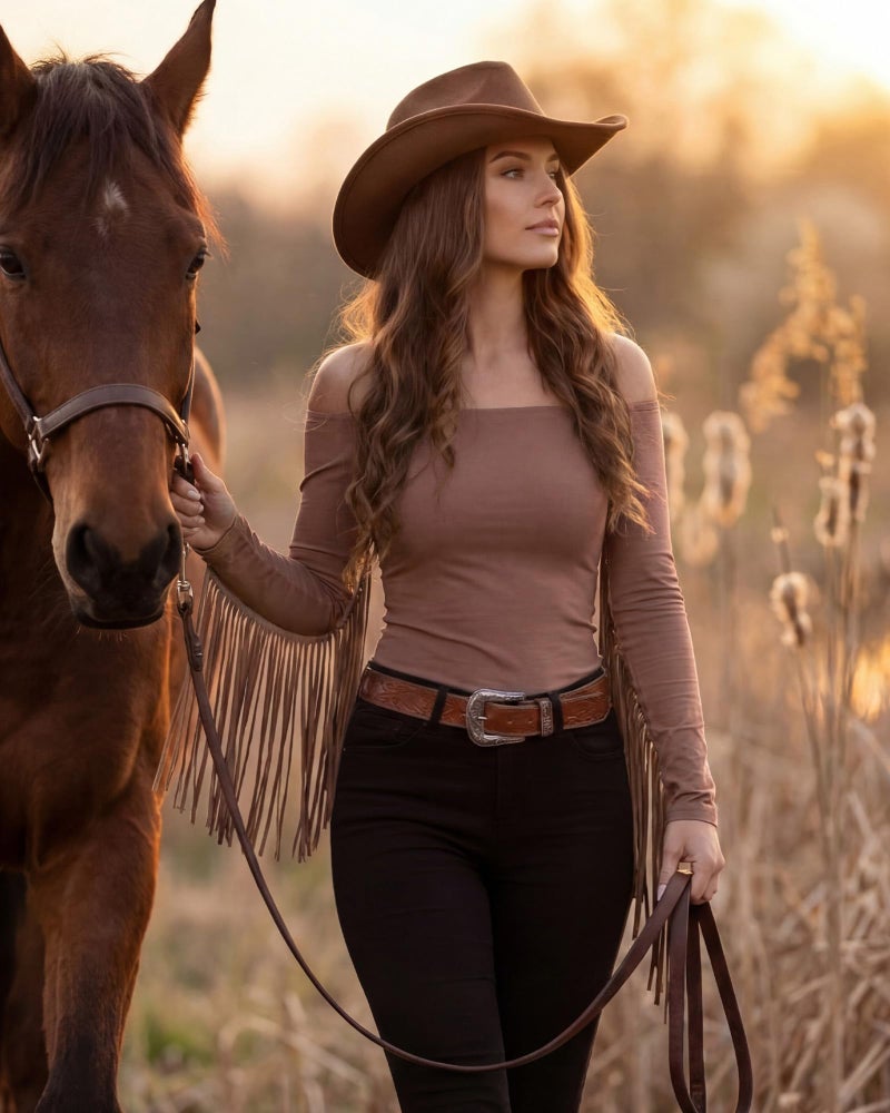 Funnysoft Women Fringe Top Western Off Shoulder Cowgirl Shirt Fitted Long Sleeve Tassels Top Country Concert Festival Outfit(Brown,M) - Image 3