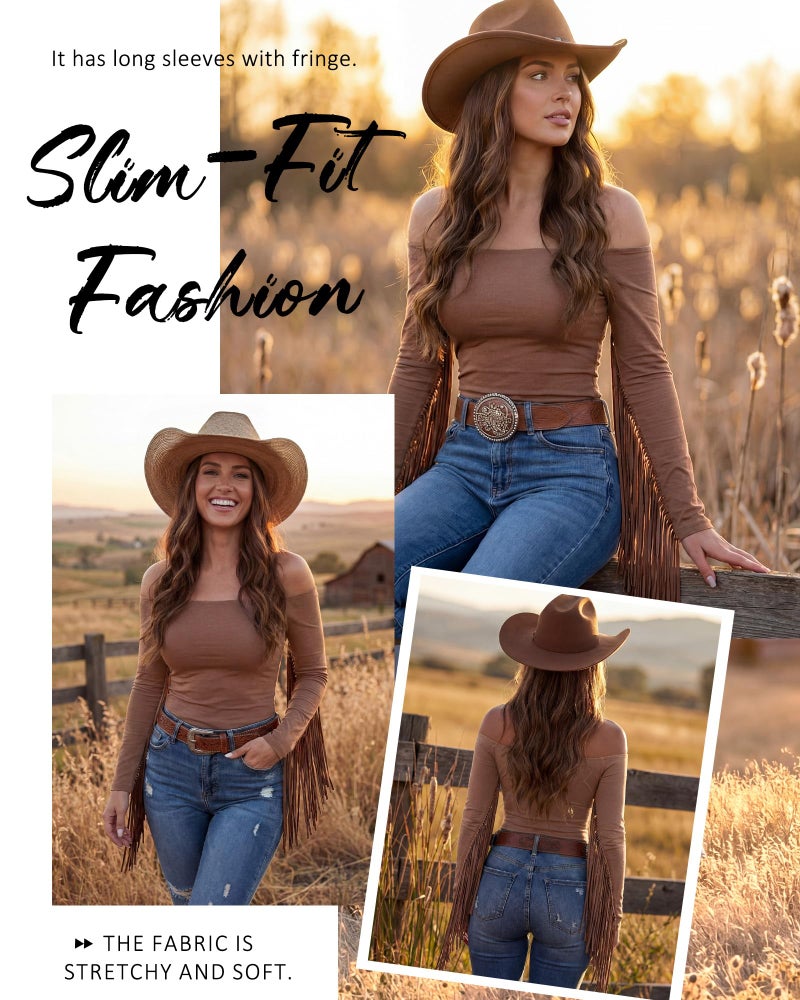 Funnysoft Women Fringe Top Western Off Shoulder Cowgirl Shirt Fitted Long Sleeve Tassels Top Country Concert Festival Outfit(Brown,M) - Image 4