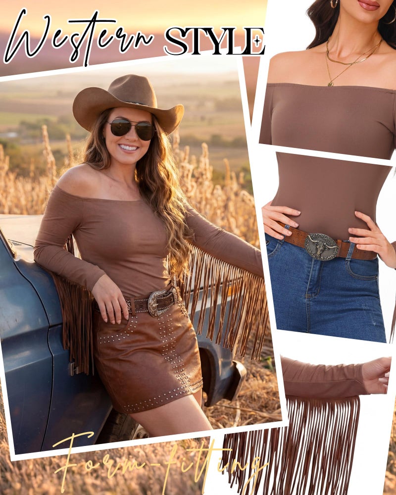 Funnysoft Women Fringe Top Western Off Shoulder Cowgirl Shirt Fitted Long Sleeve Tassels Top Country Concert Festival Outfit(Brown,M) - Image 5