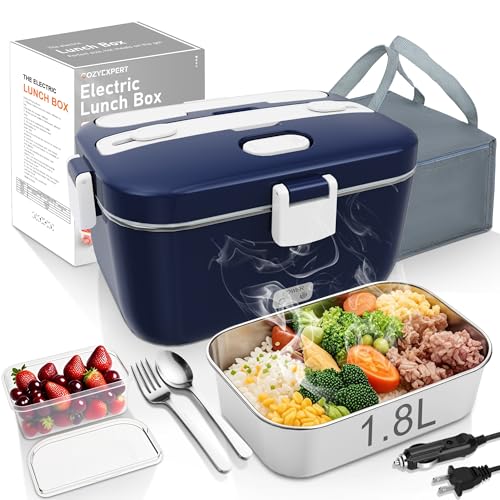 COZYEXPERT 100W Electric Lunch Box Food Heated 12V 24V 110V Fast Food Warmer Heater for Car/Truck/Home Portable Food Heating Boxes with 1.8L 304 SS Container 0.45L Compartment(Royal Blue+White) - Image 1