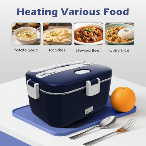COZYEXPERT 100W Electric Lunch Box Food Heated 12V 24V 110V Fast Food Warmer Heater for Car/Truck/Home Portable Food Heating Boxes with 1.8L 304 SS Container 0.45L Compartment(Royal Blue+White) - Image 4
