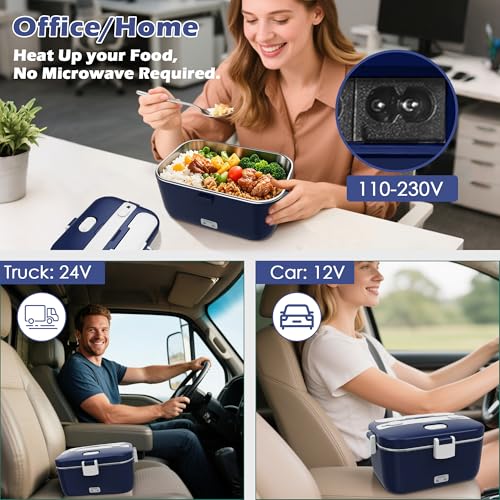 COZYEXPERT 100W Electric Lunch Box Food Heated 12V 24V 110V Fast Food Warmer Heater for Car/Truck/Home Portable Food Heating Boxes with 1.8L 304 SS Container 0.45L Compartment(Royal Blue+White) - Image 3