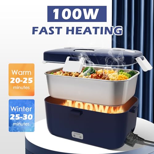 COZYEXPERT 100W Electric Lunch Box Food Heated 12V 24V 110V Fast Food Warmer Heater for Car/Truck/Home Portable Food Heating Boxes with 1.8L 304 SS Container 0.45L Compartment(Royal Blue+White) - Image 2