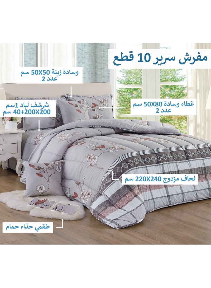 Moon Bed In A Bag Medium Filling King Size Comforter Set, 10 Pcs Floral Bedding Set Size 220 X 240 Cm with Comforter, Quilted Bed Skirt, Pillowcases, Cushion & Bedroom Slipper, Multicolor  - Image 2