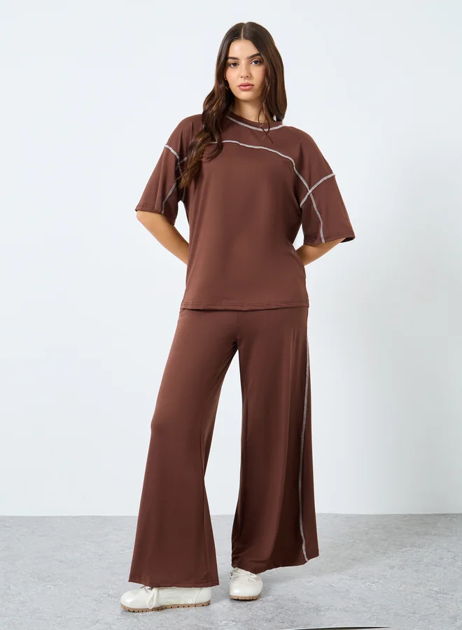 Styli Styli Coffee Brown Oversized T-Shirt and Wide Leg Joggers Co-Ords