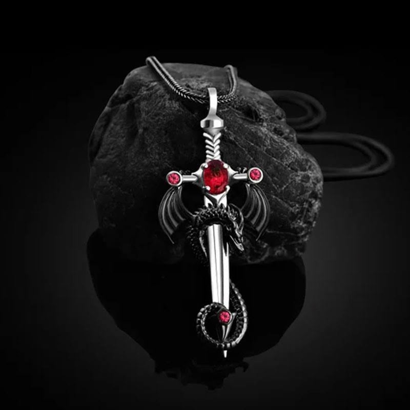 Futimely Gothic Sword Cross Pendant Necklace - Vintage Dragon Wrapped Sword Zircon Pendant - Punk, Dark Gothic Jewelry for Men & Women (Red) - Image 3