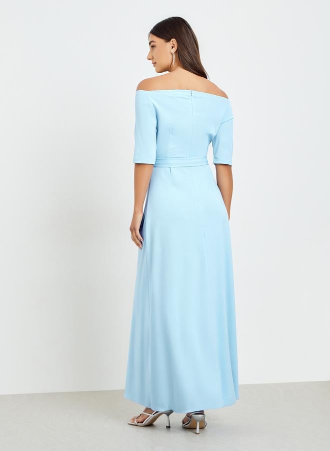 ستايلي فستان طويل بأكتاف مكشوفة مع حزام - Image 5