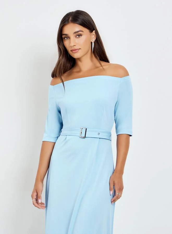 Styli Blue Off Shoulder Belted Maxi Dress