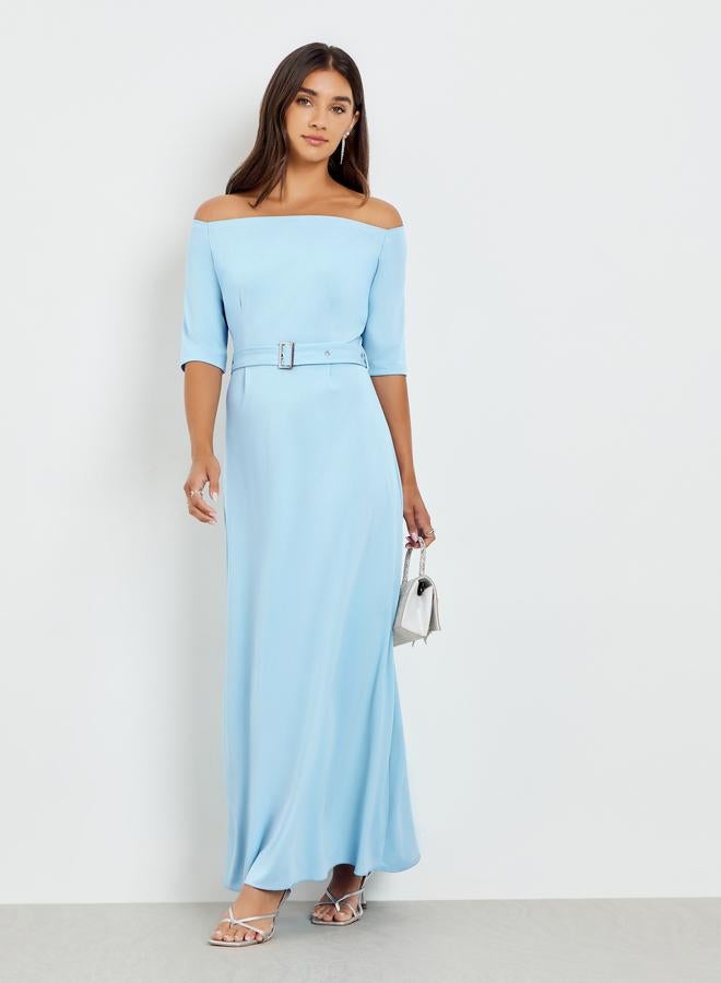 ستايلي فستان طويل بأكتاف مكشوفة مع حزام - Image 3