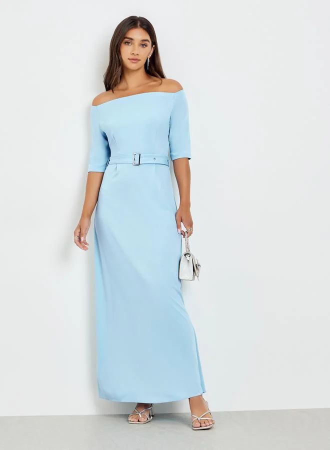 Styli Blue Off Shoulder Belted Maxi Dress