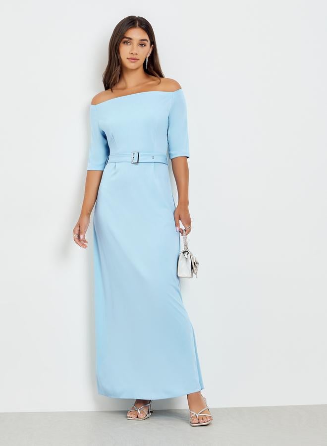 ستايلي فستان طويل بأكتاف مكشوفة مع حزام - Image 1