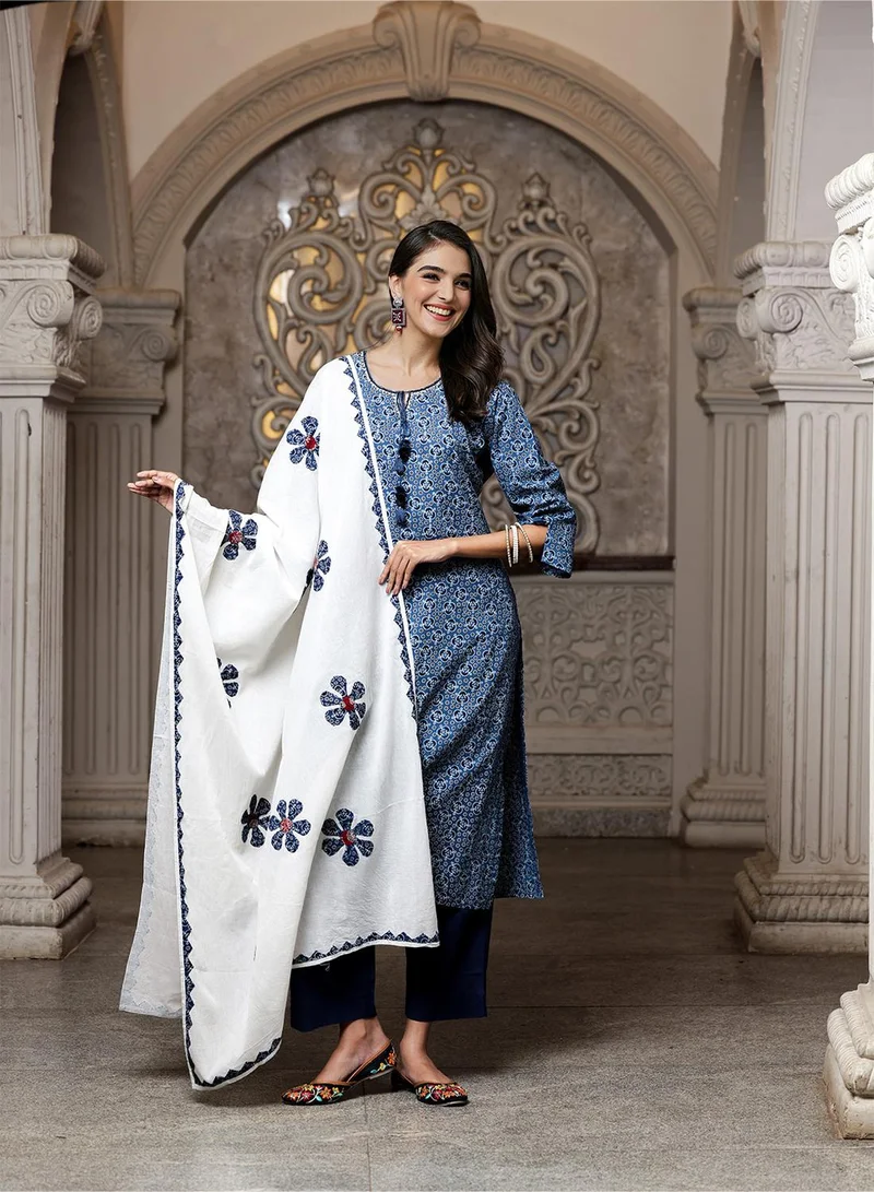 ISHIN Applique Embroidered Pure Cotton Straight Kurta With Trouser & Dupatta