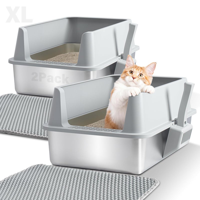 Exovyn 2 Pack Stainless Steel Litter Box,XL Metal Cat Litter Box with Lid High Sides,Extra Large Litter Box for Big Cats,Odor-Resistant, Scratch-Proof, Easy to Clean,Scoop &Mat Included - Image 1