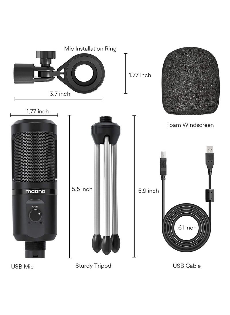 Maono - MAONO AU-PM461TR USB Condenser Unidirectional Mic for PC and Singing, Recording Microphone with Mic Gain for Gaming, Podcast, Studio, Vlogging (Black) - Image 1
