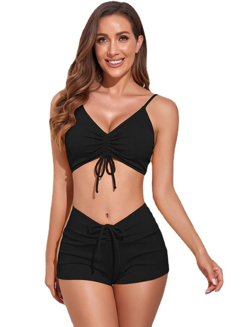 Loquat Solid Color Two Piece Boxer Trunks Bikini Swimwear Black - Image 2