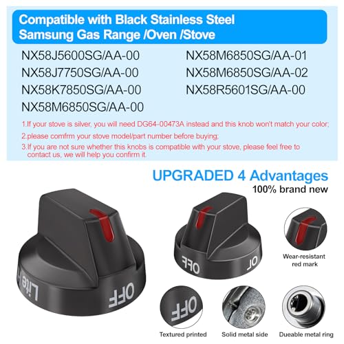 S-Union [Upgraded] DG64-00473B Stove Knobs Black Stainless Steel Compatible with Samsung Gas Range Oven Stove, Top Burner Control Dial Knob, Oven Knob Replacement NX58M6850SG, NX58J7750SG, NX58J5600SG (5pcs) - Image 5