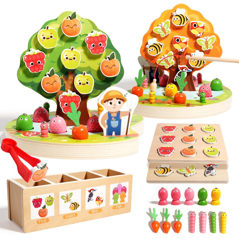 INIFEIDALA Montessori Wooden Preschool Educational Toy Ages 35 Apple Picking Magnetic Fruit Tree Shape Color Sorter Carrot Harvest Fishing Game Fine Motor Skills Development - Image 3