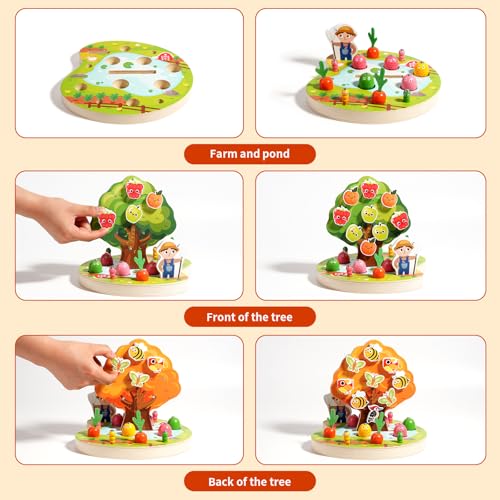 INIFEIDALA Montessori Wooden Preschool Educational Toy Ages 35 Apple Picking Magnetic Fruit Tree Shape Color Sorter Carrot Harvest Fishing Game Fine Motor Skills Development - Image 5