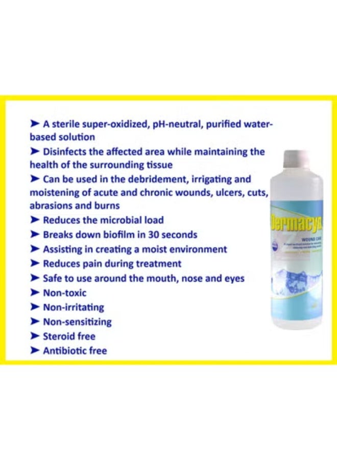 DERMACYN Wound Care Solution 500mL - A super oxidized solution for moistening, cleaning and debriding wounds - Ready to use, pH Neutral, Non-irritating - Image 2