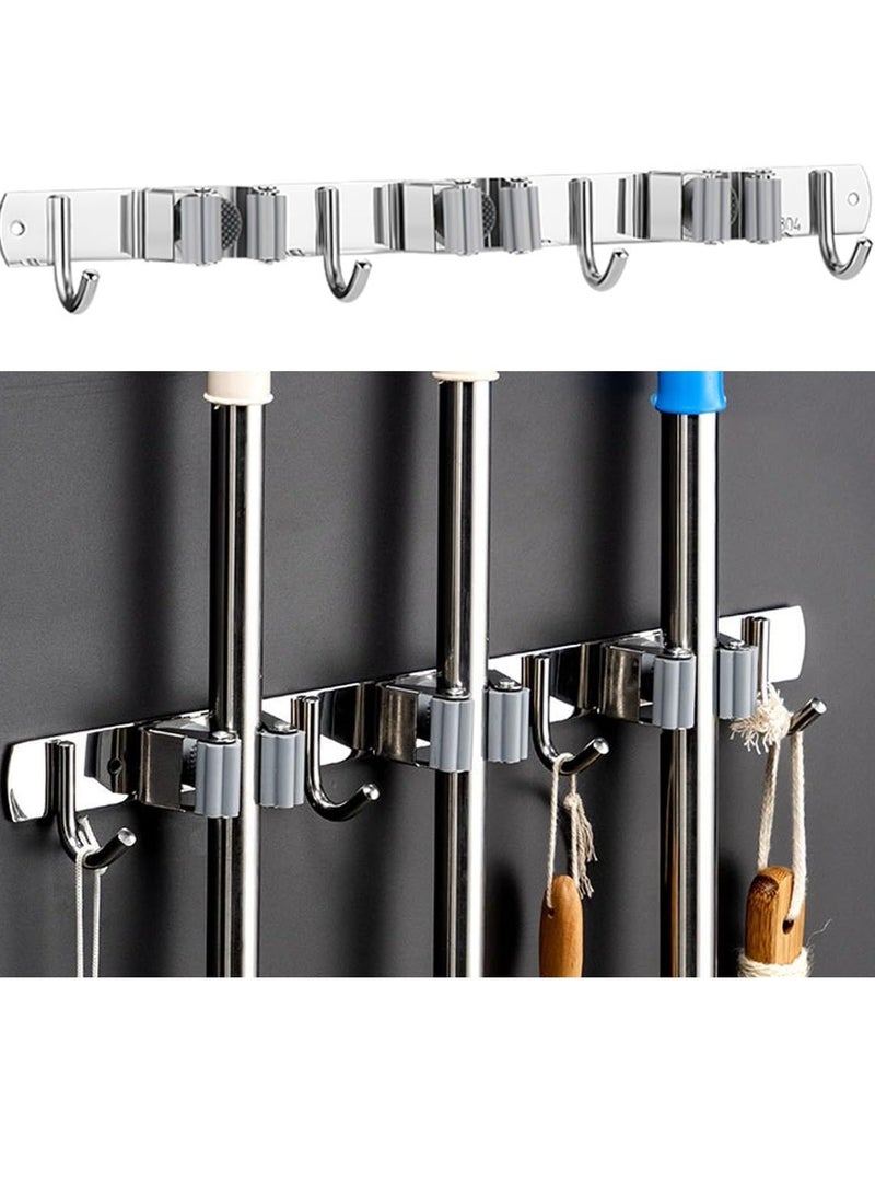 VIUAUAX حامل مكنسة ممسحة، حامل مكنسة مكنسة، شماعة من الفولاذ المقاوم للصدأ مثبتة على الحائط، منظم أدوات ذاتية اللصق، 3 رفوف 4 خطافات للخدمة الشاقة بدون حفر للمنزل، المرآب، المطبخ، الحديقة، تخزين الحمام - فضي - Image 1