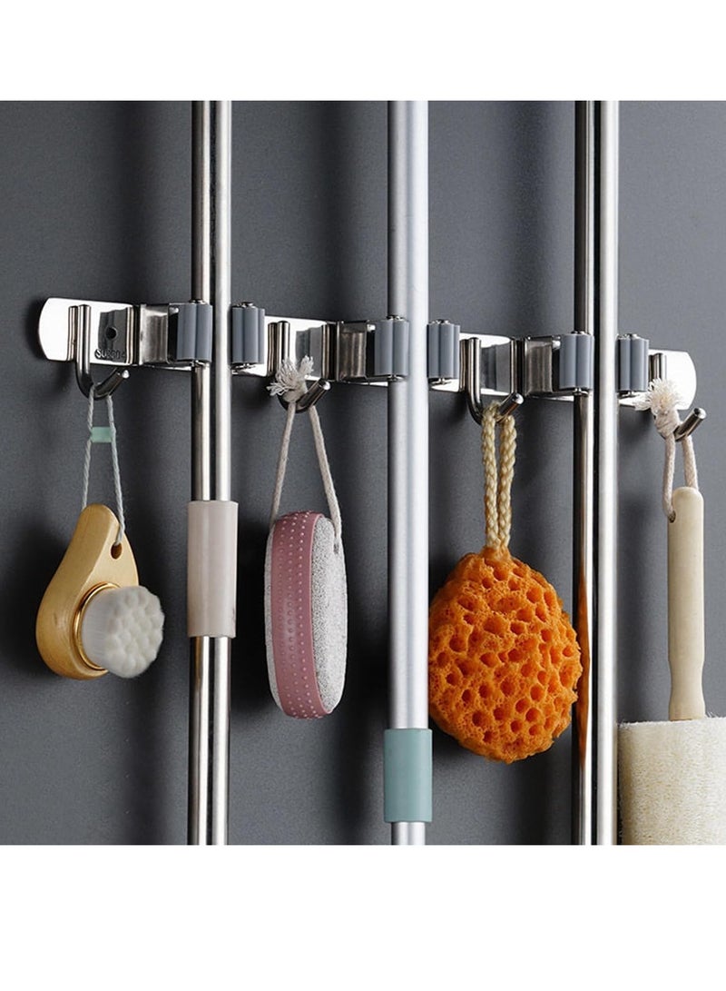 VIUAUAX حامل مكنسة ممسحة، حامل مكنسة مكنسة، شماعة من الفولاذ المقاوم للصدأ مثبتة على الحائط، منظم أدوات ذاتية اللصق، 3 رفوف 4 خطافات للخدمة الشاقة بدون حفر للمنزل، المرآب، المطبخ، الحديقة، تخزين الحمام - فضي - Image 2