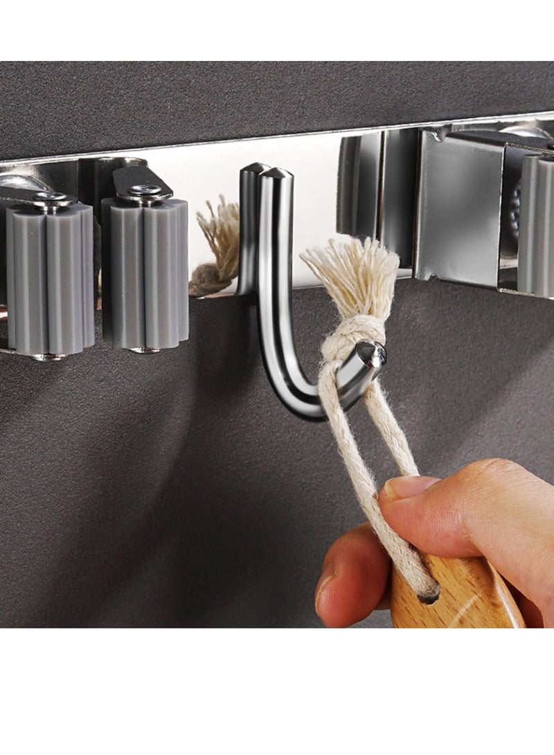 VIUAUAX حامل مكنسة ممسحة، حامل مكنسة مكنسة، شماعة من الفولاذ المقاوم للصدأ مثبتة على الحائط، منظم أدوات ذاتية اللصق، 3 رفوف 4 خطافات للخدمة الشاقة بدون حفر للمنزل، المرآب، المطبخ، الحديقة، تخزين الحمام - فضي - Image 4