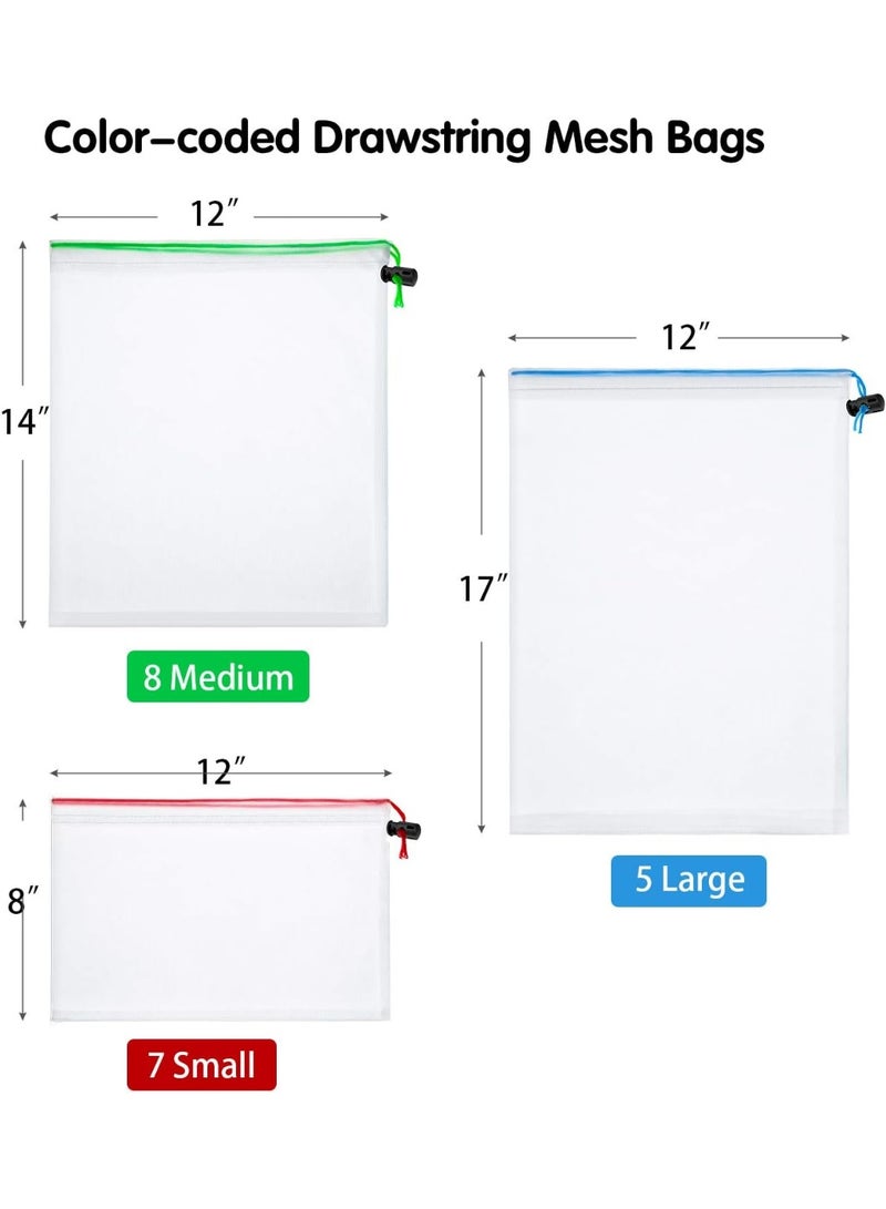 20 Pcs Reusable Mesh Drawstring Storage Bags, Washable Produce Organizer Pouches in 3 Sizes, Multi-Color Mesh Bags for Toys, Puzzles, Travel and Home Organization - Image 1
