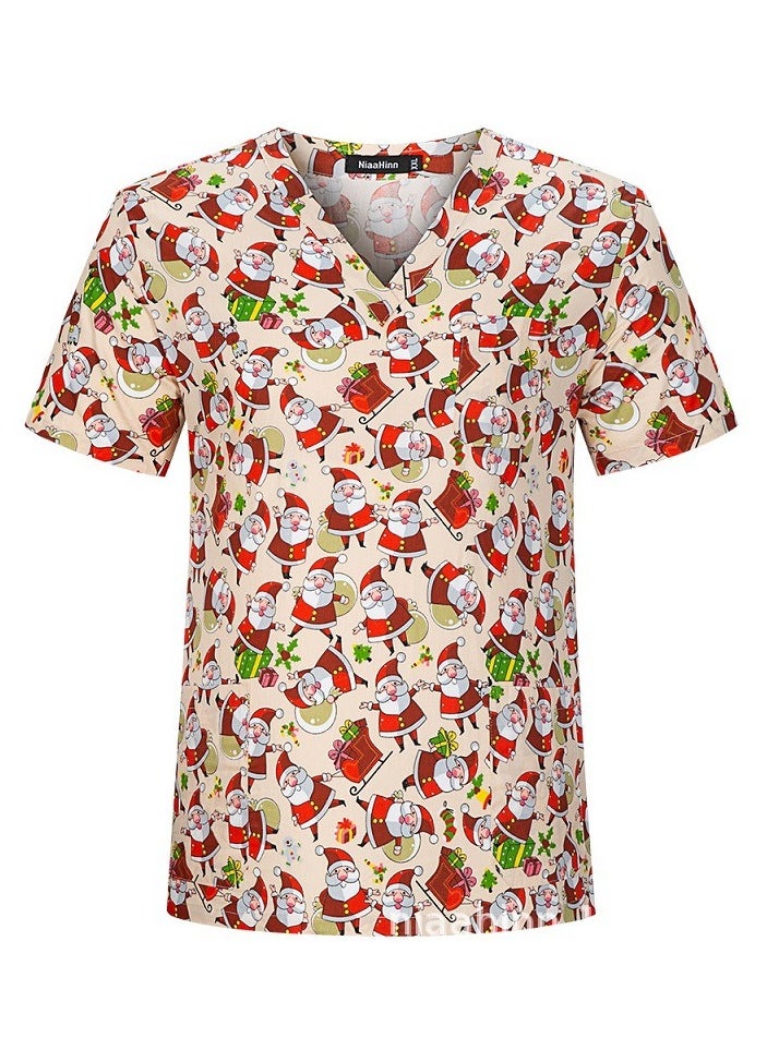 Loquat Unisex Printed V-Neck Medical Uniform Scrubs Top for Women/Men Workwear 