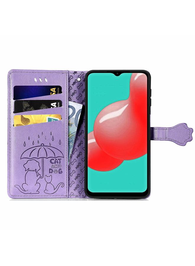 اس-توب جراب لهاتف Samsung Galaxy A32 5G، جراب جلدي أفقي منقوش عليه قطة وكلب لطيف مع حامل وفتحات للبطاقات ومحفظة وحزام كتف وغطاء للبطاقات - Image 3