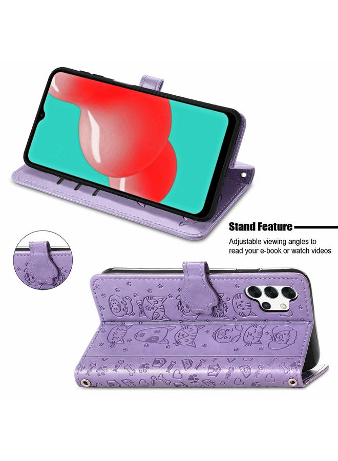 اس-توب جراب لهاتف Samsung Galaxy A32 5G، جراب جلدي أفقي منقوش عليه قطة وكلب لطيف مع حامل وفتحات للبطاقات ومحفظة وحزام كتف وغطاء للبطاقات - Image 4