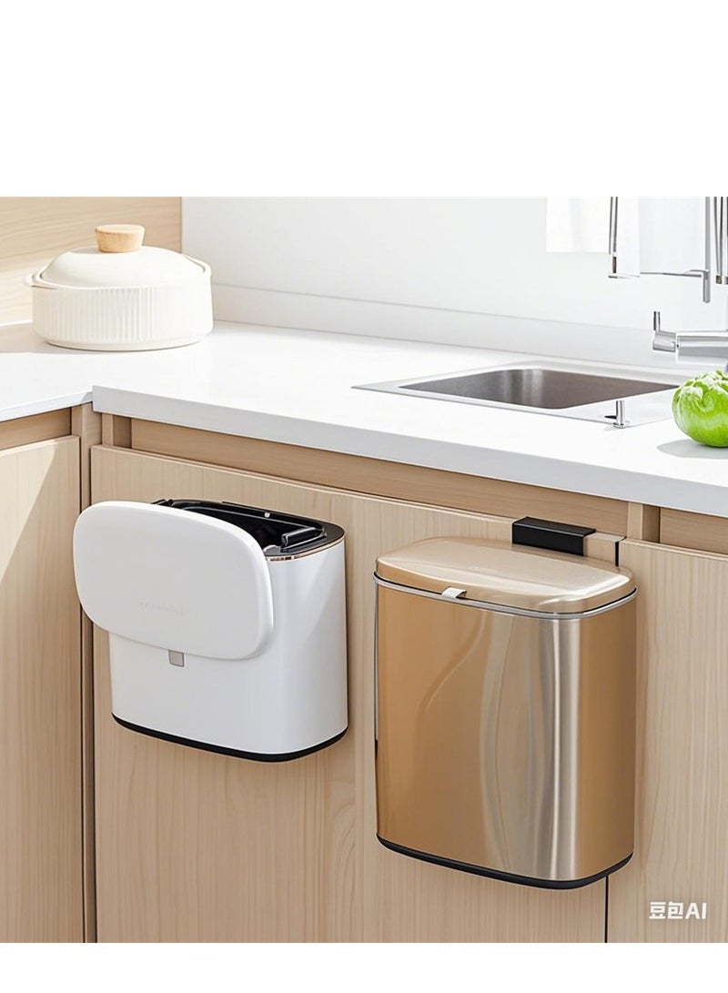 5L Trash Can, Stainless Steel Kitchen Hanging Trash Bin with Slide Open and Semi-Automatic Lid, Kitchen Smudge Resistant Dustbin with Inner Bucket and Hooks (5L- Gold)  - Image 1