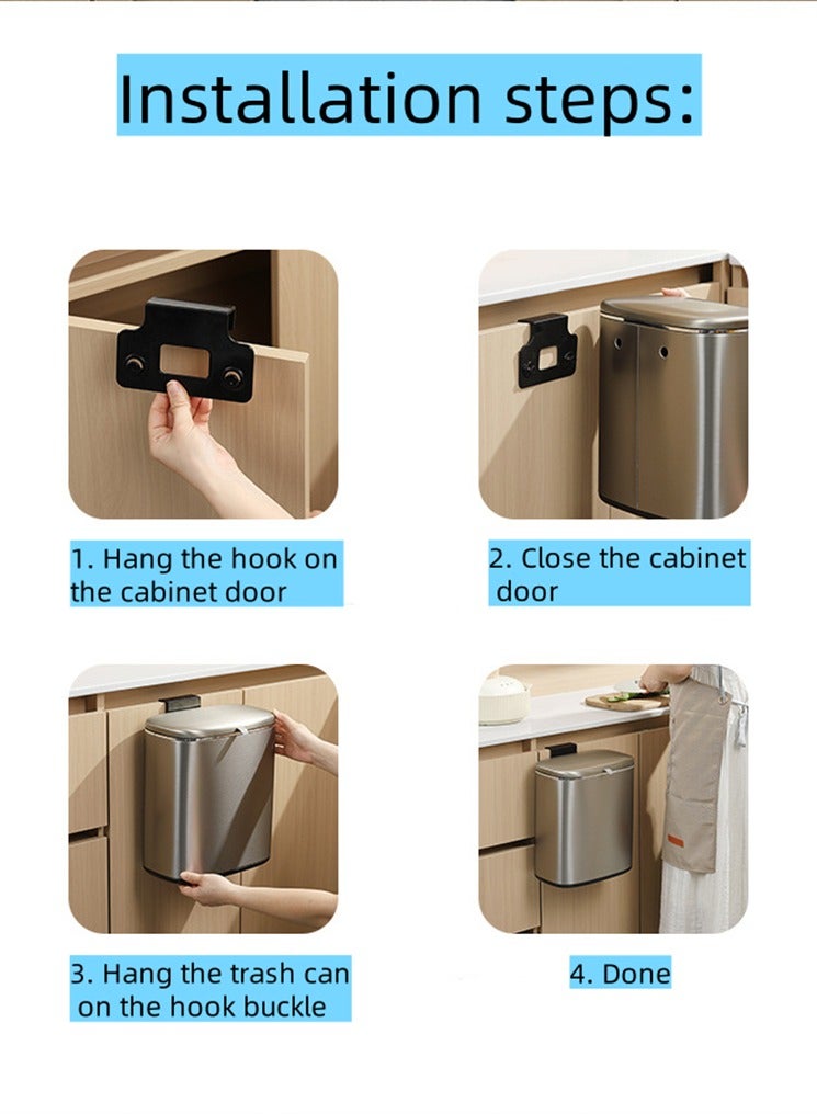 5L Trash Can, Stainless Steel Kitchen Hanging Trash Bin with Slide Open and Semi-Automatic Lid, Kitchen Smudge Resistant Dustbin with Inner Bucket and Hooks (5L- Gold)  - Image 5