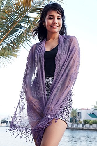 Tan's Women's lightweight Feminine Lace teardrop fringe Vintage Mesh Crochet Tassel Scarf for Women - Image 4